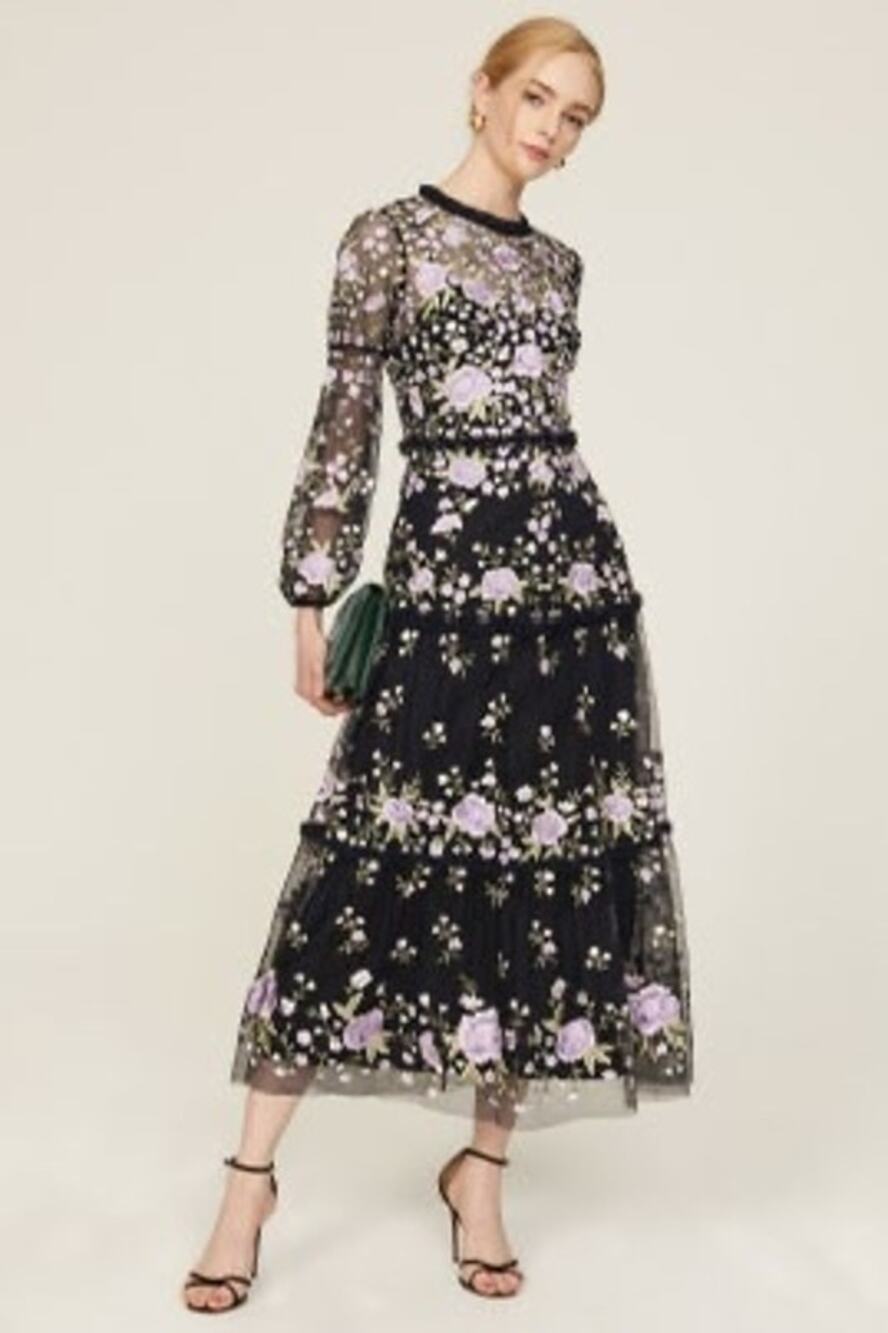 MAC DUGGAL Purple Embroidered Puff Sleeve Floral Tiered Dress Gown Size 6